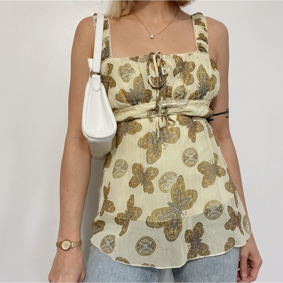 Jordache Y2K Butter Yellow Baby Doll Sheer Mesh Mined Bustier Blouse Top - Picture 1 of 7